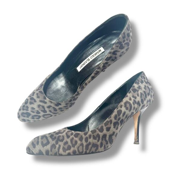 Manolo Blahnik Gray Suede Cheetah Animal Print Pumps Women’s Size 37.5 (US 7) - Picture 1 of 10